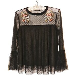Xhilaration Romantic Black Mesh Floral Embroidered Bell Sleeve Blouse XS RN17730